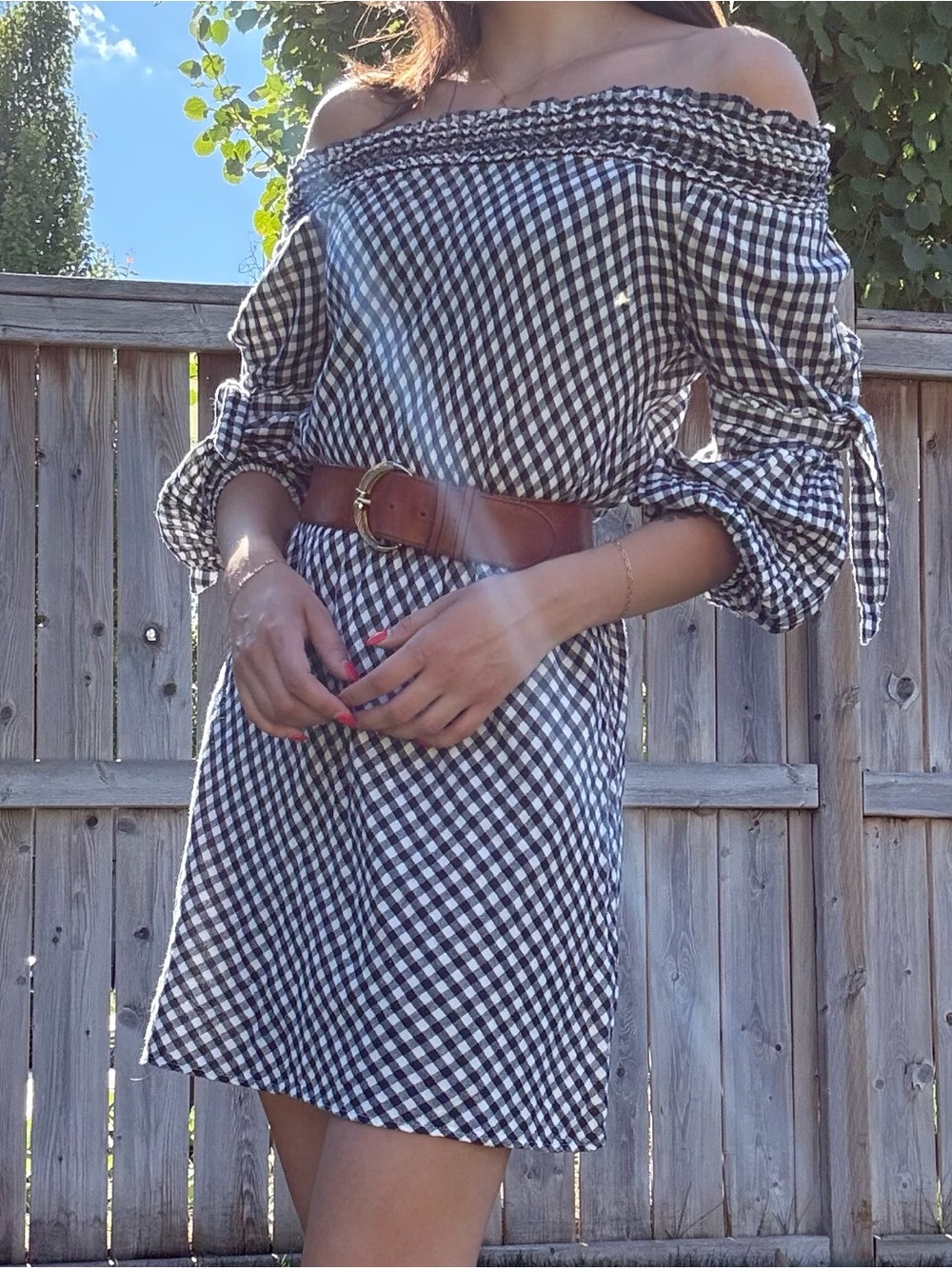 Navy & White Gingham Off-Shoulder Dress - 100% Cotton